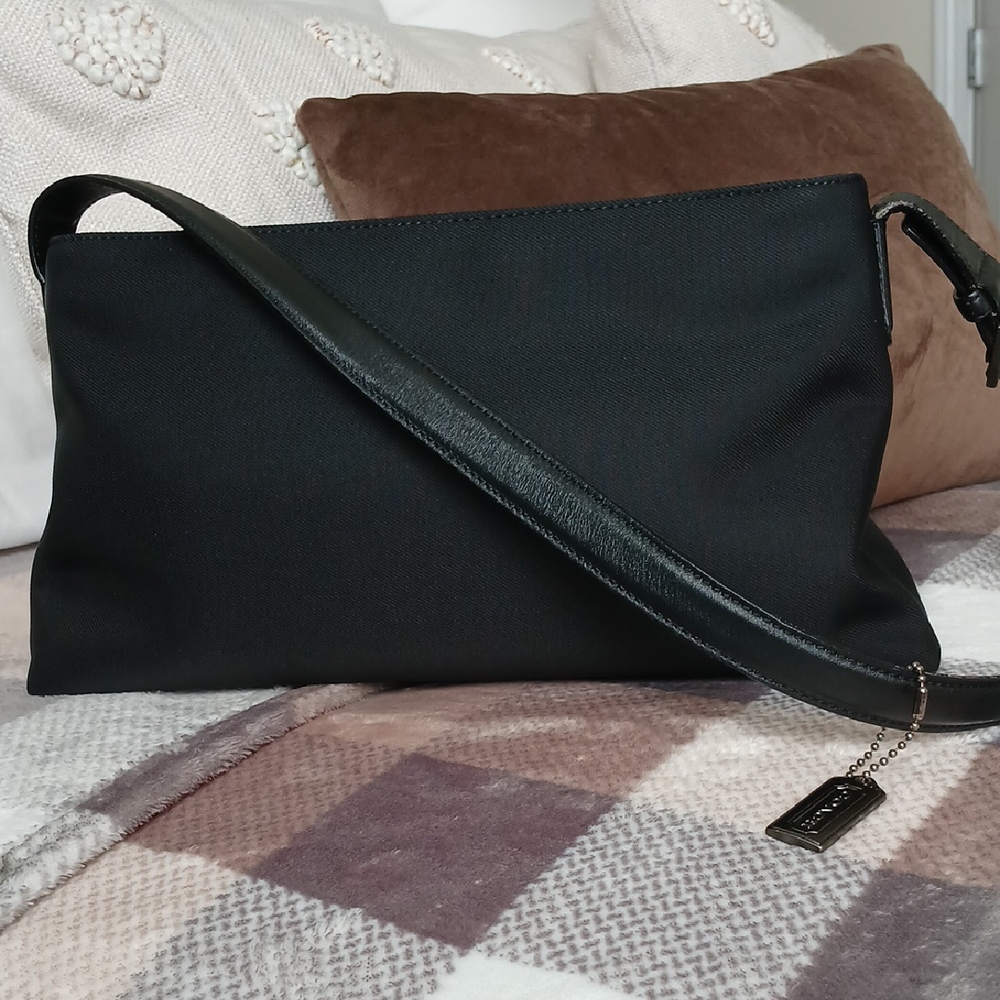 Coach Twill and Leather Shoulder Bag with Gunmetal hardware.